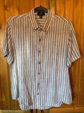 Magaschoni Short-Sleeve Button-Down Shirt in White, Red and Navy Stripes